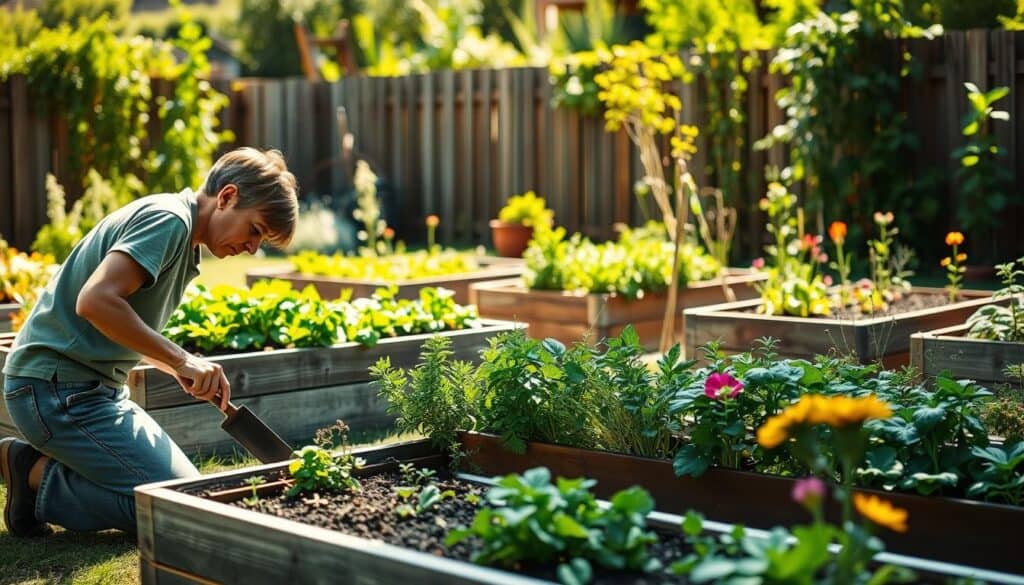 A serene and well-maintained raised bed garden in a sunlit backyard, showcasing a variety of vibrant vegetables and blooming flowers. In the foreground, a gardener in modest casual attire kneels, carefully tending to the plants with a small trowel, embodying dedication and care. In the middle ground, several raised beds are filled with healthy, lush greenery, with some herbs and colorful blossoms peeking out, demonstrating effective gardening practices. The background contains a wooden fence and lush greenery, bathed in soft sunlight, which enhances the tranquil and nurturing atmosphere. The scene is photographed from a slightly elevated angle, emphasizing the organized layout of the garden while showcasing natural lighting that creates a warm and inviting ambiance. A serene and well-maintained raised bed garden in a sunlit backyard, showcasing a variety of vibrant vegetables and blooming flowers. In the foreground, a gardener in modest casual attire kneels, carefully tending to the plants with a small trowel, embodying dedication and care. In the middle ground, several raised beds are filled with healthy, lush greenery, with some herbs and colorful blossoms peeking out, demonstrating effective gardening practices. The background contains a wooden fence and lush greenery, bathed in soft sunlight, which enhances the tranquil and nurturing atmosphere. The scene is photographed from a slightly elevated angle, emphasizing the organized layout of the garden while showcasing natural lighting that creates a warm and inviting ambiance.