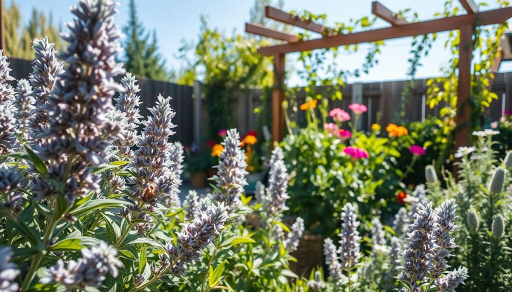 A serene backyard garden featuring lush clusters of Russian Sage in full bloom, showcasing their delicate, airy lavender-blue flowers and gray-green foliage that brings an elegant touch. In the foreground, the soft leaves gently sway in a light breeze, while in the middle ground, several thriving low-maintenance flowering plants are interspersed, creating a vibrant tapestry of colors. The background reveals a sunlit wooden trellis adorned with climbing vines under a clear blue sky, casting gentle shadows that enhance the garden's texture. Bright, natural sunlight bathes the scene, emphasizing the peaceful atmosphere and inviting tranquility. The composition is captured from a slightly elevated angle, showcasing the depth and layers of this sustainable landscaping design, evoking a sense of harmony with nature.