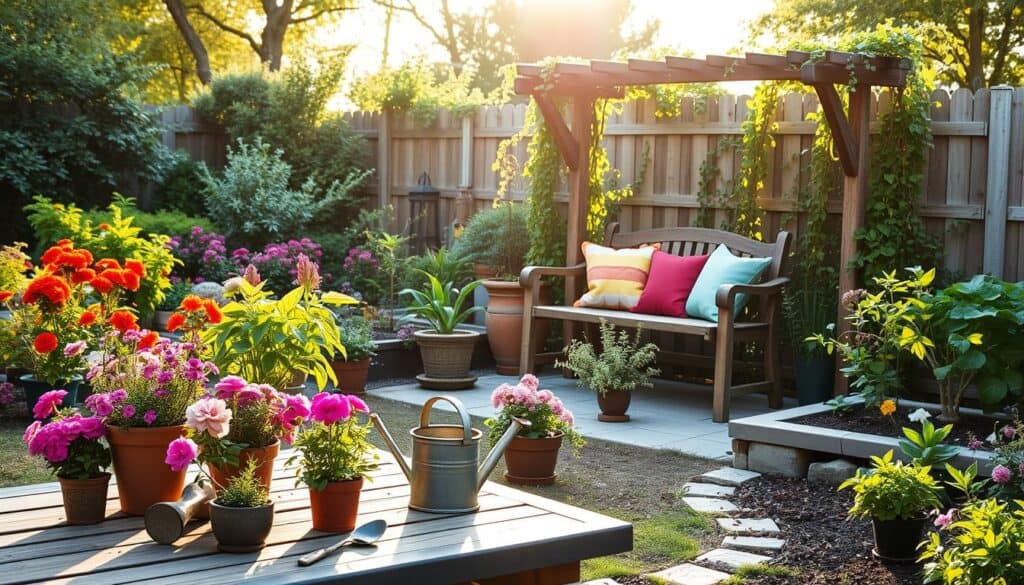 A serene backyard garden filled with vibrant flowers, neatly trimmed bushes, and a small vegetable patch, embodying a budget-friendly makeover under $500. In the foreground, a couple of garden tools like a trowel and watering can rest on a wooden garden table, surrounded by potted herbs and blooming plants. The middle ground showcases a rustic wooden bench adorned with colorful cushions, inviting relaxation. In the background, a charming wooden trellis covered in climbing vines catches soft, golden sunlight filtering through the trees, creating a warm and welcoming atmosphere. Capture the scene with a slightly elevated angle, emphasizing depth and warmth, under bright natural light to highlight the vivid colors and textures of the plants. The overall mood is peaceful, inviting, and rejuvenating, perfect for a personal backyard oasis. A serene backyard garden filled with vibrant flowers, neatly trimmed bushes, and a small vegetable patch, embodying a budget-friendly makeover under $500. In the foreground, a couple of garden tools like a trowel and watering can rest on a wooden garden table, surrounded by potted herbs and blooming plants. The middle ground showcases a rustic wooden bench adorned with colorful cushions, inviting relaxation. In the background, a charming wooden trellis covered in climbing vines catches soft, golden sunlight filtering through the trees, creating a warm and welcoming atmosphere. Capture the scene with a slightly elevated angle, emphasizing depth and warmth, under bright natural light to highlight the vivid colors and textures of the plants. The overall mood is peaceful, inviting, and rejuvenating, perfect for a personal backyard oasis.