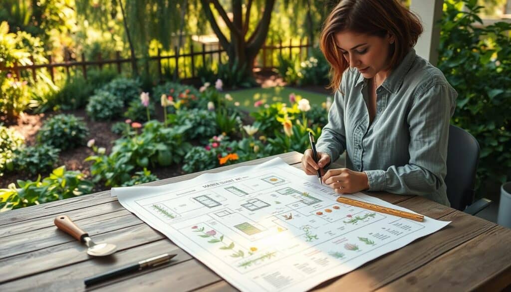 A serene backyard garden planning scene, featuring a detailed garden layout map on a wooden table, surrounded by tools like a trowel, ruler, and plant markers. In the foreground, include a person wearing modest casual clothing, thoughtfully reviewing the map and sketching ideas. The middle ground showcases various plant types illustrated on the map, with colorful flowers and vegetables. In the background, a lush garden with soft sunlight filtering through the trees, casting dappled shadows. The atmosphere is calm and focused, evoking a sense of inspiration and clarity. Soft, natural colors dominate, enhancing the peacefulness of the setting, with long shadows indicating a warm late afternoon.