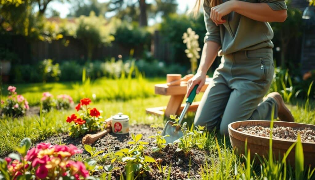 A serene backyard garden scene focused on sustainable weed eradication. In the foreground, a person in modest casual clothing kneels, using a hand weeder to target stubborn perennial weeds among vibrant flower beds. The middle ground features a variety of organic gardening tools, such as a hoe and natural mulch, arranged neatly on a wooden workbench, hinting at eco-friendly practices. Lush green grass and healthy plants fill the background, bathed in bright natural light, with soft sunlight filtering through overhead trees, creating a warm and inviting atmosphere. The composition is framed from a slightly elevated angle, enhancing the sense of depth and emphasizing the health of the garden while conveying a mood of tranquility and purpose. A serene backyard garden scene focused on sustainable weed eradication. In the foreground, a person in modest casual clothing kneels, using a hand weeder to target stubborn perennial weeds among vibrant flower beds. The middle ground features a variety of organic gardening tools, such as a hoe and natural mulch, arranged neatly on a wooden workbench, hinting at eco-friendly practices. Lush green grass and healthy plants fill the background, bathed in bright natural light, with soft sunlight filtering through overhead trees, creating a warm and inviting atmosphere. The composition is framed from a slightly elevated angle, enhancing the sense of depth and emphasizing the health of the garden while conveying a mood of tranquility and purpose.