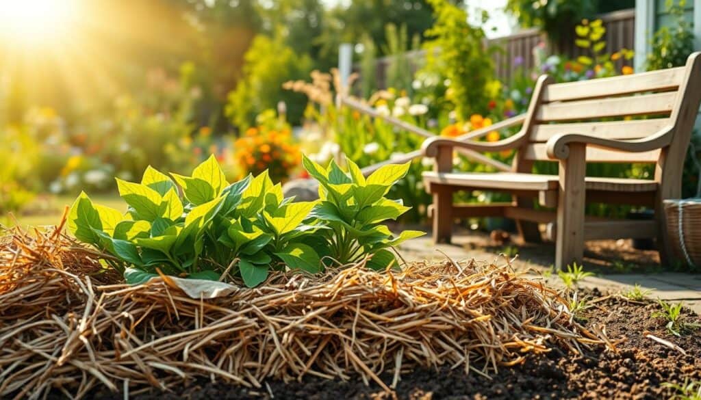 A serene backyard garden scene focusing on eco-friendly weed management techniques. In the foreground, piles of organic materials like cardboard and straw are layered on the soil, effectively smothering weeds. In the middle, bright green leafy plants thrive amidst the suppressing layers, demonstrating healthy growth. The background features a vibrant garden filled with colorful flowers and lush greenery under soft, golden sunlight filtering through light clouds, lending an uplifting atmosphere. A rustic wooden garden bench sits nearby, inviting viewers to appreciate the harmony of nature. The angle captures the depth of the garden, showcasing layered textures and natural colors. Aim for a bright, airy feel with realistic home décor elements integrated seamlessly with the gardening techniques displayed. A serene backyard garden scene focusing on eco-friendly weed management techniques. In the foreground, piles of organic materials like cardboard and straw are layered on the soil, effectively smothering weeds. In the middle, bright green leafy plants thrive amidst the suppressing layers, demonstrating healthy growth. The background features a vibrant garden filled with colorful flowers and lush greenery under soft, golden sunlight filtering through light clouds, lending an uplifting atmosphere. A rustic wooden garden bench sits nearby, inviting viewers to appreciate the harmony of nature. The angle captures the depth of the garden, showcasing layered textures and natural colors. Aim for a bright, airy feel with realistic home décor elements integrated seamlessly with the gardening techniques displayed.