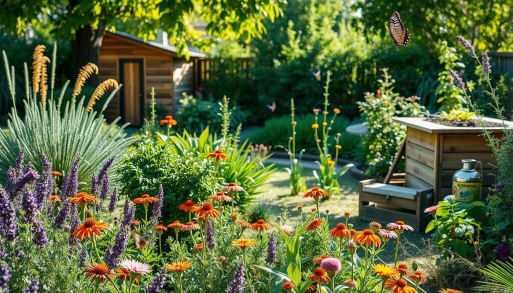 A serene backyard garden scene showcasing sustainable and organic maintenance practices. In the foreground, a gardener in modest casual clothing kneels by vibrant flower beds filled with butterfly-attracting plants like lavender and coneflowers. The middle ground features a diverse array of shrubs and native plants, creating a natural habitat for birds and butterflies. In the background, a wooden compost bin made from reclaimed materials blends harmoniously with the greenery. The scene is bathed in bright natural light, with soft sunlight filtering through the leaves, casting gentle shadows. The atmosphere is peaceful and inviting, ideal for attracting wildlife while emphasizing eco-friendly practices. Use a wide-angle lens to capture the expansive beauty of the garden.