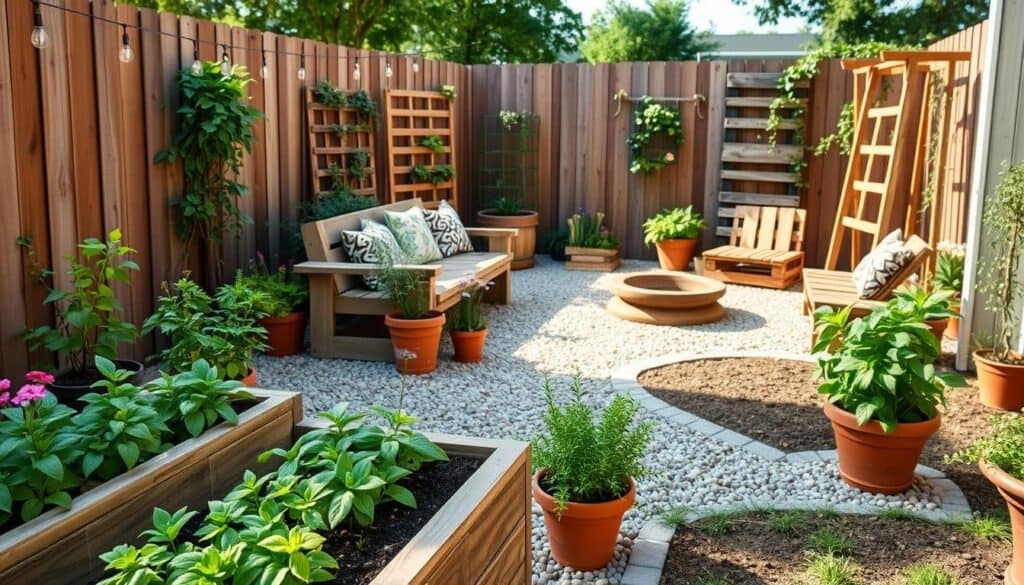 A serene backyard garden scene showcasing ten different garden ideas, each design under $200 to build. In the foreground, a raised vegetable bed made from reclaimed wood, vibrant green plants, and colorful flowers. Beside it, a small herb garden in terracotta pots, with fresh basil and mint. The middle layer features a cozy sitting area with rustic wooden benches and string lights hanging from trellises. A decorative gravel path winds through the space, leading to a vertical garden on a fence. In the background, a small DIY fire pit surrounded by assembled seating made from pallets, and a simple wooden trellis with climbing vines. The scene is bathed in soft, natural sunlight, creating a warm and inviting atmosphere. The angle is slightly elevated to capture all elements harmoniously.