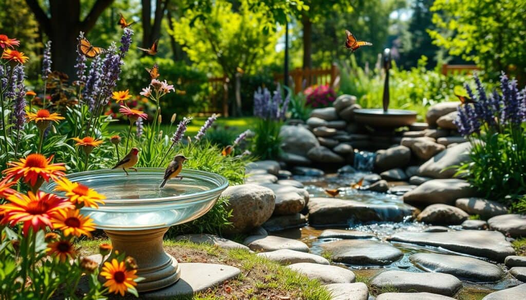 A serene backyard garden showcasing essential water features that attract birds and butterflies. In the foreground, a shallow birdbath filled with clear water, surrounded by vibrant flowering plants like coneflowers and lavender. In the middle ground, a gently flowing stream with smooth stones, reflecting the sunlight, and a small fountain that bubbles softly. Various species of birds like finches and robins are perched nearby, while colorful butterflies flutter above. The background features lush greenery and tall trees, dappled in soft sunlight creating a warm atmosphere. Capture the scene from a slightly elevated angle, emphasizing the harmony of nature and inviting ambiance, with bright natural lighting enhancing the vivid colors. No text or markings should be present.