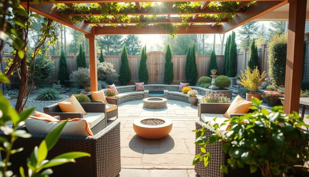 A serene backyard oasis featuring a well-designed outdoor living room. In the foreground, a cozy seating area with modern wicker furniture and vibrant cushions under a stylish pergola adorned with climbing vines. In the middle ground, a stone patio surrounded by potted plants and a small fire pit, perfect for year-round enjoyment. Lush greenery and flowering shrubs create a tranquil atmosphere. In the background, a tall wooden fence enhances privacy, while a gentle stream or pond adds a calming water feature. The scene is bathed in soft, warm sunlight, captured from a low angle to emphasize the inviting nature of the space. The mood is peaceful and welcoming, inviting relaxation and social gatherings. A serene backyard oasis featuring a well-designed outdoor living room. In the foreground, a cozy seating area with modern wicker furniture and vibrant cushions under a stylish pergola adorned with climbing vines. In the middle ground, a stone patio surrounded by potted plants and a small fire pit, perfect for year-round enjoyment. Lush greenery and flowering shrubs create a tranquil atmosphere. In the background, a tall wooden fence enhances privacy, while a gentle stream or pond adds a calming water feature. The scene is bathed in soft, warm sunlight, captured from a low angle to emphasize the inviting nature of the space. The mood is peaceful and welcoming, inviting relaxation and social gatherings.