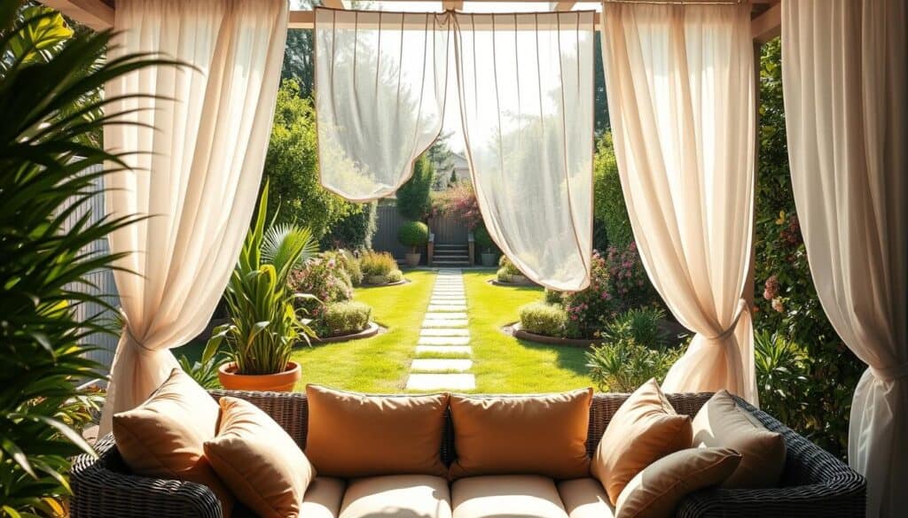 A serene backyard oasis featuring outdoor curtains draped around a shaded seating area. In the foreground, plump cushions in earthy tones adorn a comfortable wicker sofa, creating a cozy inviting space. The middle ground showcases elegantly flowing sheer curtains in soft white, gently billowing in the light breeze, providing both privacy and shade. Lush greenery, including tall potted plants and flowering bushes, frames the scene, adding depth. In the background, a well-maintained lawn glimmers under the soft sunlight, with an inviting path leading to a small garden. The lighting is bright yet soft, casting gentle shadows that create a tranquil atmosphere, inviting relaxation in this perfect retreat. A wide-angle view captures the entire setting, embodying peace and an escape from the outside world.