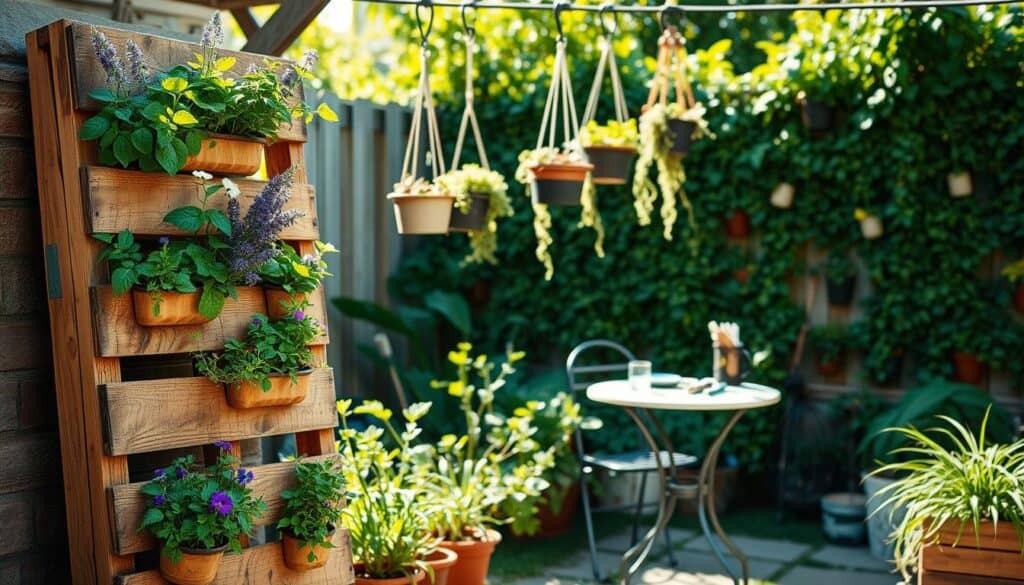 A serene backyard scene featuring DIY vertical gardening solutions designed for small spaces. In the foreground, a rustic wooden pallet serves as a vertical planter, filled with vibrant herbs and flowers like basil, mint, and lavender. The middle ground showcases hanging planters made from repurposed materials, adorned with cascading plants, while a small bistro table with gardening tools rests nearby. The background reveals a lush garden wall and a fence adorned with more greenery, all bathed in soft, natural sunlight that creates a warm, inviting atmosphere. The composition captures a cozy, innovative, and eco-friendly vibe, ideally suited for urban gardeners looking to maximize their limited space.