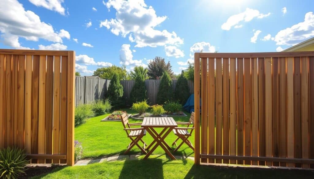 A serene backyard scene featuring a beautifully crafted DIY privacy screen made of natural wood slats, positioned centrally in the foreground. The screen stands approximately six feet tall, displaying a rustic charm with warm tones and soft grain patterns. In the middle, a neatly landscaped garden with vibrant green grass and colorful flower beds accents the setting. A small wooden patio table with simple outdoor chairs sits nearby, inviting relaxation. The background includes a bright blue sky with fluffy white clouds, filtered sunlight streaming through, casting soft shadows on the ground. The atmosphere is tranquil and inviting, embodying a perfect weekend project vibe. The scene should be captured from a slightly elevated angle to emphasize both the privacy screen and the surrounding greenery, enhancing the overall sense of space and serenity. A serene backyard scene featuring a beautifully crafted DIY privacy screen made of natural wood slats, positioned centrally in the foreground. The screen stands approximately six feet tall, displaying a rustic charm with warm tones and soft grain patterns. In the middle, a neatly landscaped garden with vibrant green grass and colorful flower beds accents the setting. A small wooden patio table with simple outdoor chairs sits nearby, inviting relaxation. The background includes a bright blue sky with fluffy white clouds, filtered sunlight streaming through, casting soft shadows on the ground. The atmosphere is tranquil and inviting, embodying a perfect weekend project vibe. The scene should be captured from a slightly elevated angle to emphasize both the privacy screen and the surrounding greenery, enhancing the overall sense of space and serenity.