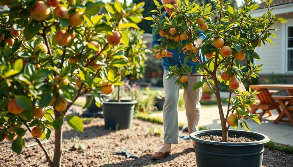 A serene backyard scene featuring a person in modest casual clothing carefully pruning dwarf fruit trees in large containers. In the foreground, vibrant, healthy dwarf apple and pear trees are showcased, their branches laden with small, colorful fruits. The middle ground includes a well-tended garden with tools like pruning shears and gloves scattered around, emphasizing the act of management through pruning. Soft sunlight filters through the leaves, casting gentle shadows on the ground, creating a warm and inviting atmosphere. In the background, hints of a landscaped garden and wooden garden furniture complement the scene, while bright natural light enhances the colors and textures, capturing the essence of nurturing compact fruit trees. A serene backyard scene featuring a person in modest casual clothing carefully pruning dwarf fruit trees in large containers. In the foreground, vibrant, healthy dwarf apple and pear trees are showcased, their branches laden with small, colorful fruits. The middle ground includes a well-tended garden with tools like pruning shears and gloves scattered around, emphasizing the act of management through pruning. Soft sunlight filters through the leaves, casting gentle shadows on the ground, creating a warm and inviting atmosphere. In the background, hints of a landscaped garden and wooden garden furniture complement the scene, while bright natural light enhances the colors and textures, capturing the essence of nurturing compact fruit trees.