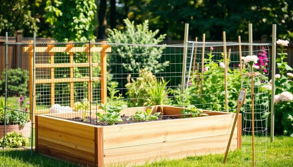 A serene backyard scene featuring a raised bed garden, protected by physical barriers against squirrels and rabbits. In the foreground, show a meticulously constructed wooden raised bed, bordered with mesh fencing and topped with a lattice cover, all under bright natural light. The middle of the image should highlight various protective measures such as chicken wire, netting, and garden stakes, arranged artistically around the bed. In the background, lush greenery and blooming flowers should create a vibrant garden atmosphere, with soft sunlight filtering through the leaves. The overall mood is peaceful and inviting, reflecting a well-maintained outdoor space. Capture it from a slightly elevated angle to emphasize both the garden and the protective features, ensuring clarity and focus on the barriers.