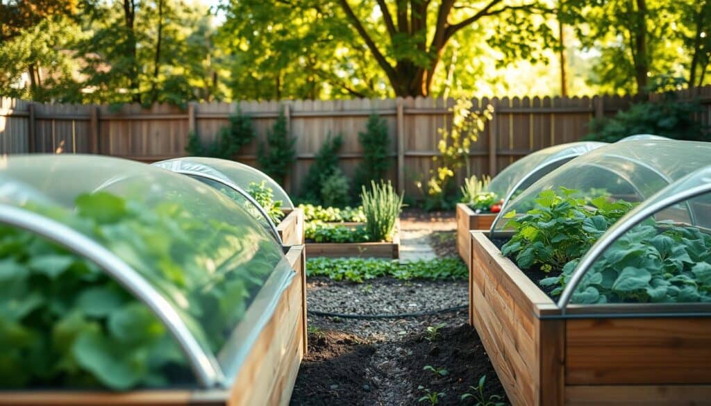 A serene backyard scene featuring raised covered garden beds bursting with vibrant green plants and colorful vegetables. In the foreground, the wooden raised beds are neatly arranged, each covered with clear plastic domes to extend the growing season, allowing a glimpse of lush foliage inside. The middle ground showcases a well-maintained garden with rich, dark soil and various herbs peeking from the beds. In the background, a soft-focus of a wooden fence and trees softly illuminated by bright, natural light filters through the foliage, creating a warm, inviting atmosphere. The overall mood is tranquil and productive, evoking the joy of gardening. The image is captured with a soft depth of field to emphasize the raised beds while creating a relaxed, airy feel.
