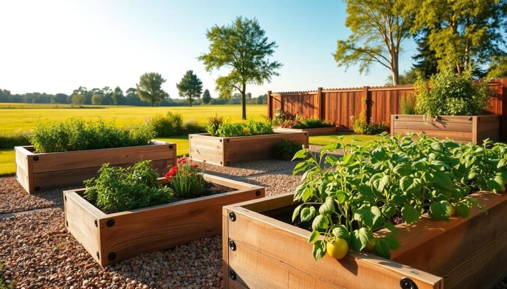 A serene backyard scene featuring several well-constructed DIY raised garden beds in varying heights, made from weathered wood and lined with gravel paths. In the foreground, focus on a wooden bed filled with vibrant green herbs and tomatoes, showcasing the rich soil and healthy plants. The middle ground displays two more garden beds, one brimming with colorful flowering plants and the other with evenly spaced vegetables. The background reveals a lush lawn and distant trees set against a clear blue sky with soft sunlight streaming through, creating a warm, inviting atmosphere. Capture this scene with a slight downward angle to emphasize depth and detail, highlighting the craftsmanship of the garden beds and the abundance of nature around them.