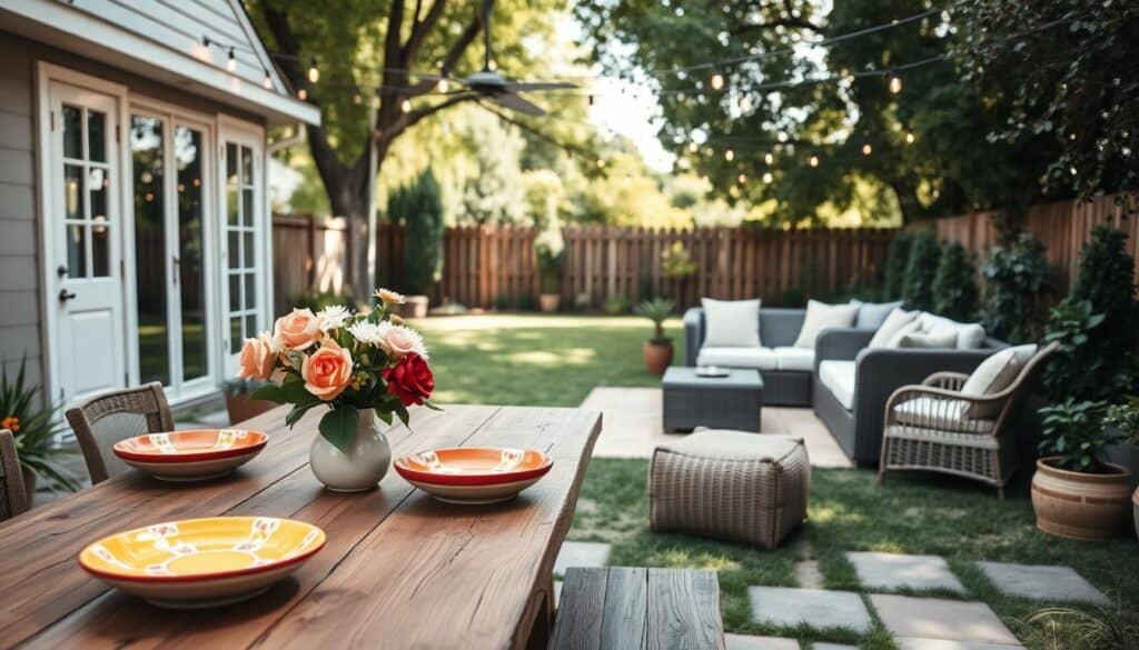A serene backyard scene featuring simple yet elegant outdoor decor ideas. In the foreground, a rustic wooden dining table adorned with a cheerful table setting, including colorful ceramic plates and fresh blooming flowers in a vase. The middle ground showcases a cozy seating area with comfortable cushions on a wicker sofa, surrounded by potted plants and hanging string lights that create a warm ambiance. The background reveals a well-maintained lawn with a wooden fence and lush greenery, all bathed in soft, natural sunlight filtering through trees. The overall mood is inviting and tranquil, perfect for outdoor gatherings and relaxation. Shot from a slightly elevated angle to capture the inviting layout and decor details.