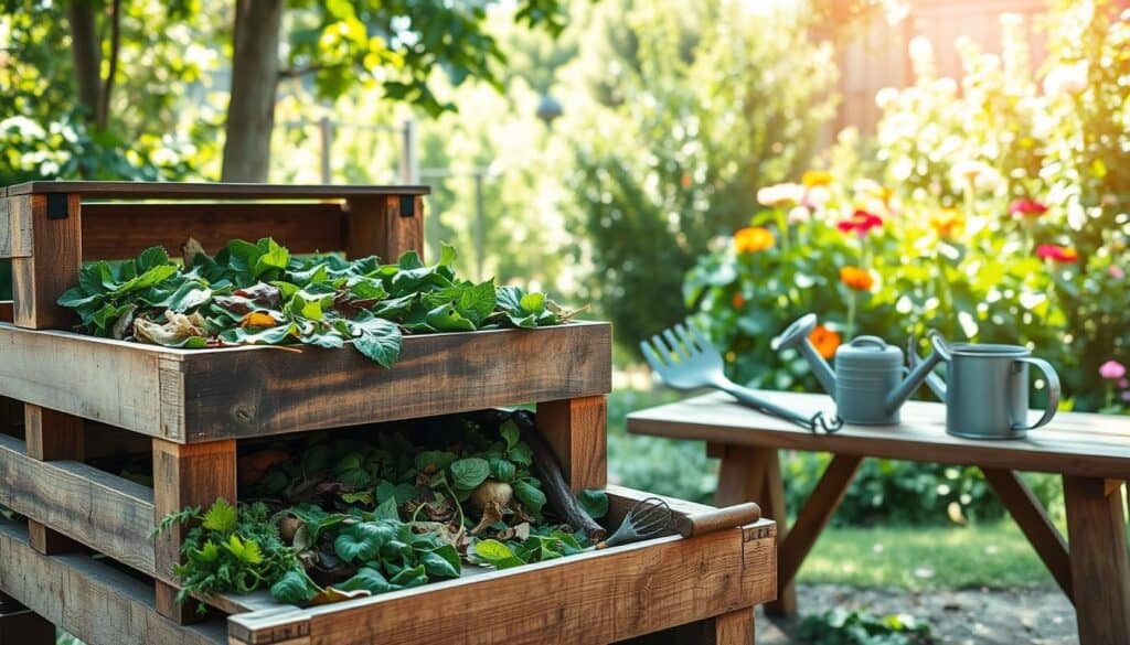 A serene backyard scene focusing on a DIY compost bin made from rustic wooden pallets. In the foreground, a sturdy, well-constructed compost bin is filled with lush green kitchen scraps, leaves, and garden waste, showing vibrant textures. The middle ground features a variety of tools like a pitchfork and a watering can, arranged neatly on a wooden table, hinting at ongoing compost maintenance. The background showcases a lush garden with colorful vegetables and flowers basking in soft, bright sunlight, creating a warm and inviting atmosphere. The composition is shot from a slightly elevated angle to capture the surrounding greenery, enhancing the sense of a thriving ecosystem. The lighting is bright but gentle, giving the scene an airy and well-lit feeling. A serene backyard scene focusing on a DIY compost bin made from rustic wooden pallets. In the foreground, a sturdy, well-constructed compost bin is filled with lush green kitchen scraps, leaves, and garden waste, showing vibrant textures. The middle ground features a variety of tools like a pitchfork and a watering can, arranged neatly on a wooden table, hinting at ongoing compost maintenance. The background showcases a lush garden with colorful vegetables and flowers basking in soft, bright sunlight, creating a warm and inviting atmosphere. The composition is shot from a slightly elevated angle to capture the surrounding greenery, enhancing the sense of a thriving ecosystem. The lighting is bright but gentle, giving the scene an airy and well-lit feeling.