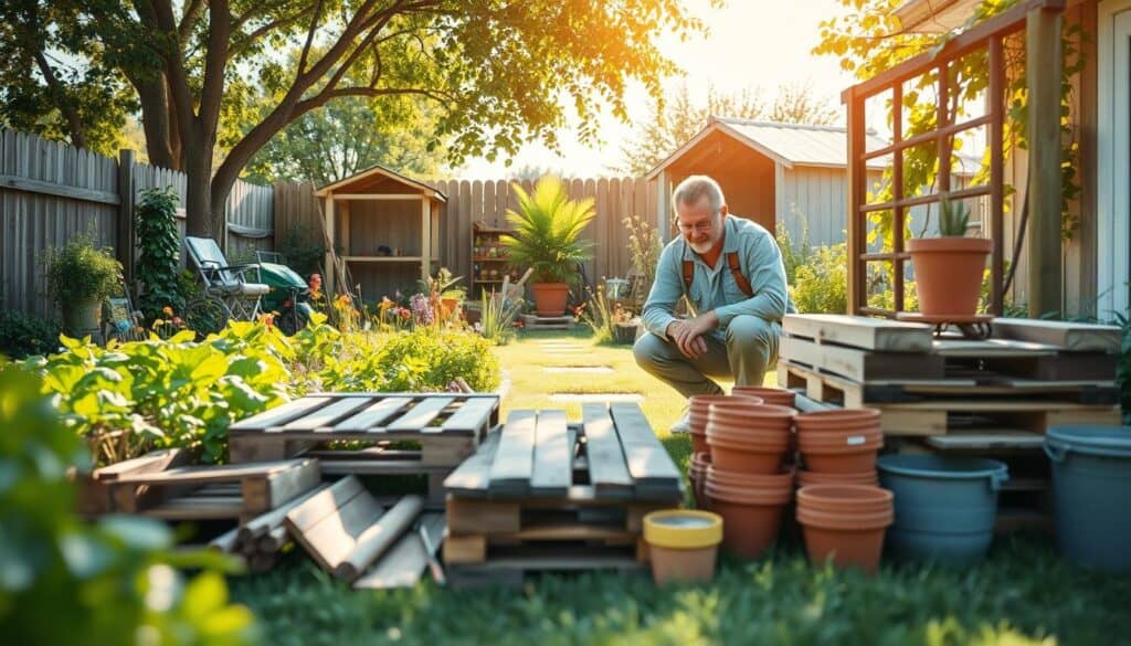 A serene backyard scene showcasing a dedicated gardener in modest casual clothing, kneeling beside a vibrant vegetable patch filled with lush greens and colorful flowers. In the foreground, an array of affordable materials like wooden pallets, terracotta pots, and repurposed containers are neatly organized. The middle ground features the gardener examining a stack of wood, contemplating the perfect pieces for a garden trellis. The background is framed by a bright blue sky, dappled sunlight filtering through gentle leaves, and a small shed filled with tools. The overall atmosphere is hopeful and resourceful, evoking the excitement of building with budget-friendly materials in a cheerful, sunny environment.