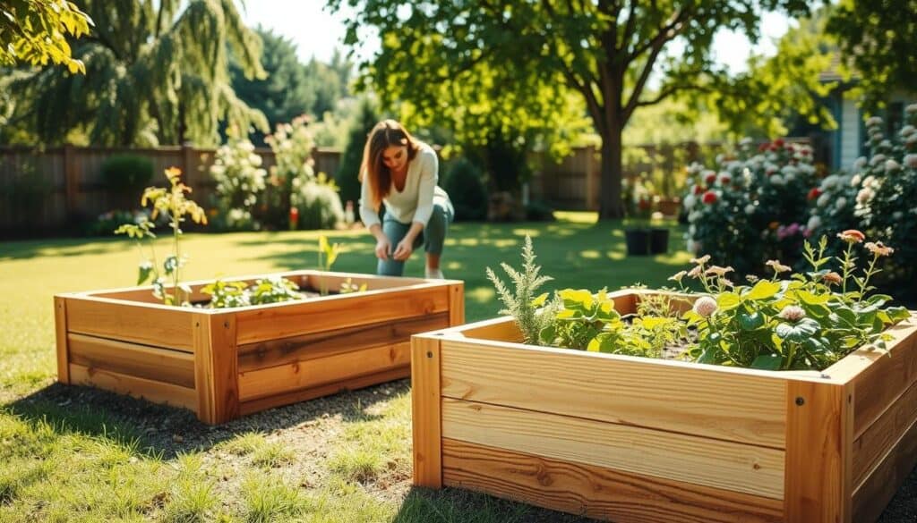 A serene backyard scene showcasing a pair of beautifully constructed DIY raised garden beds, filled with vibrant, flourishing vegetables and herbs. In the foreground, the wooden beds are made from untreated cedar, showcasing their rich, warm tones and natural grain. In the middle ground, a pair of hands in modest casual clothing is seen planting seedlings, demonstrating the building process. The background features a sun-drenched lawn and blooming flowers, with soft sunlight filtering through leafy trees, creating a relaxed and inviting atmosphere. The shot captures a slightly elevated angle to emphasize the garden beds and the surrounding greenery, highlighting a sense of accomplishment and harmony with nature. The overall mood is bright, warm, and inspiring. A serene backyard scene showcasing a pair of beautifully constructed DIY raised garden beds, filled with vibrant, flourishing vegetables and herbs. In the foreground, the wooden beds are made from untreated cedar, showcasing their rich, warm tones and natural grain. In the middle ground, a pair of hands in modest casual clothing is seen planting seedlings, demonstrating the building process. The background features a sun-drenched lawn and blooming flowers, with soft sunlight filtering through leafy trees, creating a relaxed and inviting atmosphere. The shot captures a slightly elevated angle to emphasize the garden beds and the surrounding greenery, highlighting a sense of accomplishment and harmony with nature. The overall mood is bright, warm, and inspiring.
