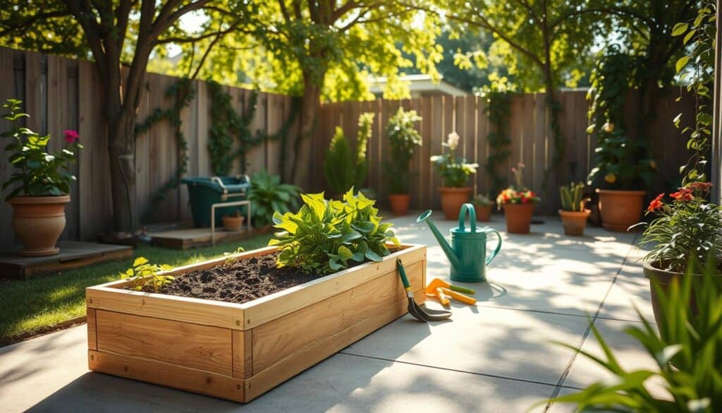 A serene backyard scene showcasing a raised bed garden constructed on a sturdy concrete patio. In the foreground, a beautifully crafted wooden raised bed, filled with vibrant soil and lush green plants, brings life to the space. The middle ground features garden tools neatly arranged, alongside a watering can, emphasizing an inviting gardening atmosphere. In the background, the patio is adorned with potted flowers and climbing vines casting gentle shadows, bathed in bright natural light. Soft sunlight filters through the leaves of nearby trees, creating a warm and inviting ambiance. Capture the scene from a slightly elevated angle, focusing on the details of the garden bed while accentuating the outdoor setting. The overall mood is peaceful and encouraging, perfect for anyone wanting to cultivate their garden in a small space. A serene backyard scene showcasing a raised bed garden constructed on a sturdy concrete patio. In the foreground, a beautifully crafted wooden raised bed, filled with vibrant soil and lush green plants, brings life to the space. The middle ground features garden tools neatly arranged, alongside a watering can, emphasizing an inviting gardening atmosphere. In the background, the patio is adorned with potted flowers and climbing vines casting gentle shadows, bathed in bright natural light. Soft sunlight filters through the leaves of nearby trees, creating a warm and inviting ambiance. Capture the scene from a slightly elevated angle, focusing on the details of the garden bed while accentuating the outdoor setting. The overall mood is peaceful and encouraging, perfect for anyone wanting to cultivate their garden in a small space.