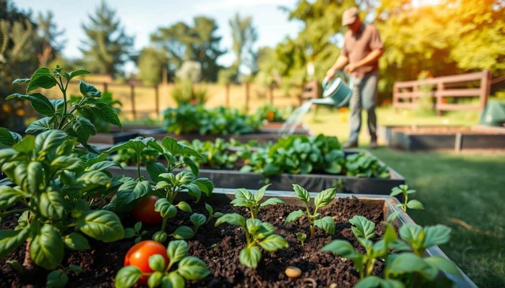 A serene backyard scene showcasing a series of raised garden beds, filled with a variety of lush vegetables and herbs. In the foreground, focus on vibrant green plants, including tomatoes, basil, and leafy greens, thriving in well-structured soil, with visible root systems partially exposed. The middle ground features a gardener, dressed in modest casual clothing, actively watering the beds with a watering can, highlighting efficient water management. The background is filled with a softly lit, green landscape under a clear blue sky, with gentle sunlight filtering through trees, creating a warm, inviting atmosphere. Use a wide-angle lens to capture the depth of the garden and enhance the feeling of abundance and productivity.