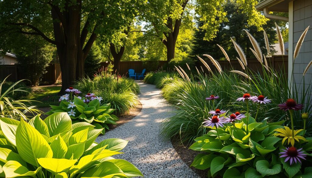 A serene backyard scene showcasing drought-tolerant landscaping featuring lush hostas in a shaded corner. In the foreground, vibrant green hosta plants with large, textured leaves are interspersed with colorful flowers like daylilies and purple coneflowers. The middle ground reveals a gravel pathway winding through the garden, bordered by ornamental grasses swaying gently in a soft breeze. In the background, tall trees provide dappled sunlight, illuminating the scene with a warm glow. The atmosphere is tranquil and inviting, capturing the essence of a low-maintenance garden. The lighting is bright and natural, with golden sunlight filtering through the leaves, creating soft shadows. Shot with a 50mm lens at eye level, the composition emphasizes the lush details of the foliage, illustrating a harmonious blend of nature and intentional design.