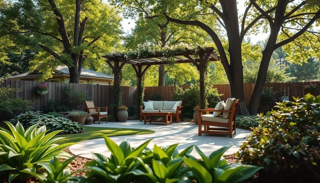 A serene backyard scene showcasing low-maintenance landscaping ideas to create shade and natural cooling. In the foreground, lush green ground cover plants, such as ferns and hostas, spread elegantly around a smooth stone patio with stylish wooden outdoor furniture. The middle ground features a cozy seating area shaded by a decorative pergola adorned with climbing vines and blooming flowers, providing a peaceful retreat. In the background, tall, healthy trees cast dappled sunlight across the space, while soft, natural light filters through the leaves, creating a warm, inviting atmosphere. Capture this scene with a medium-angle lens to convey depth and tranquility, emphasizing the harmony of nature and the tranquility of a well-designed outdoor space.