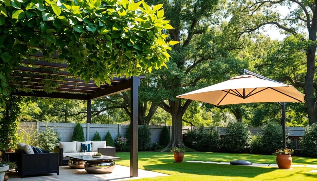 A serene backyard scene showcasing various shade solutions without cutting down trees. In the foreground, a cozy seating area with stylish outdoor furniture under a large, leafy pergola adorned with climbing vines. The middle ground features a beautifully arranged patio with an elegant cantilever umbrella providing ample shade, while strategically placed potted plants enhance the greenery. In the background, tall, lush trees provide natural shade, casting gentle dappled light across the space. The scene is illuminated by soft, warm sunlight filtering through the leaves, creating a peaceful and inviting atmosphere. The angle is slightly elevated, giving a comprehensive view of the backyard layout, emphasizing the integration of man-made shade structures with the natural setting.