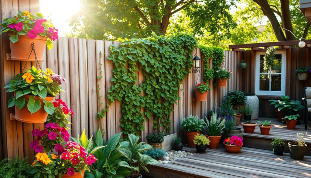 A serene backyard scene showcasing vertical gardening and innovative flower pot displays. In the foreground, vibrant plants in tiered wooden planters and hanging pots brim with colorful flowers, such as petunias and ferns, catching the soft sunlight. The middle of the image features a rustic fence adorned with lush climbing vines, creating a lush green backdrop. The background reveals a charming wooden deck surrounded by neatly arranged potted herbs and decorative stones. The scene is illuminated by bright, natural light, with soft sunlight filtering through tree leaves, casting gentle shadows. Capture this in a warm, inviting atmosphere that evokes a sense of tranquility and creativity in outdoor landscaping.