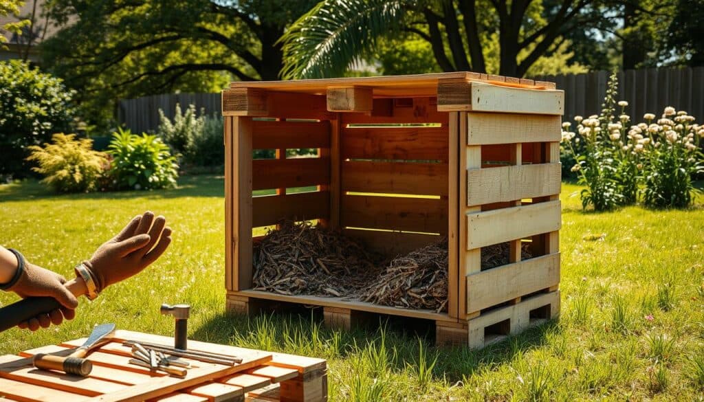 A serene backyard setting during a sunny day, featuring a partially constructed DIY compost bin made from rustic wooden pallets. In the foreground, a pair of gloved hands are skillfully assembling pallets, showcasing tools like a hammer and nails nearby. The middle layer reveals the compost bin structure, with one side open to display layers of rich organic materials. In the background, vibrant green grass and blooming flowers create an inviting atmosphere. Soft sunlight filters through leafy trees, casting gentle shadows. The focus is sharp on the compost bin, with a shallow depth of field allowing the background to be slightly blurred, enhancing the DIY theme. The mood is warm and encouraging, emphasizing the satisfaction of sustainable gardening projects. A serene backyard setting during a sunny day, featuring a partially constructed DIY compost bin made from rustic wooden pallets. In the foreground, a pair of gloved hands are skillfully assembling pallets, showcasing tools like a hammer and nails nearby. The middle layer reveals the compost bin structure, with one side open to display layers of rich organic materials. In the background, vibrant green grass and blooming flowers create an inviting atmosphere. Soft sunlight filters through leafy trees, casting gentle shadows. The focus is sharp on the compost bin, with a shallow depth of field allowing the background to be slightly blurred, enhancing the DIY theme. The mood is warm and encouraging, emphasizing the satisfaction of sustainable gardening projects.