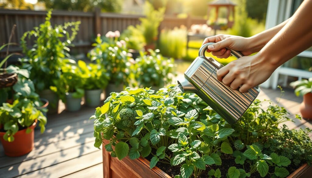A serene container garden featuring various lush plants like herbs, flowers, and small vegetables arranged on a wooden patio. In the foreground, a pair of hands gently holds a watering can, elegantly watering the plants. The middle ground displays the vibrant green of the plants, showcasing healthy foliage. In the background, there is a sunny garden scene with soft sunlight filtering through trees, creating a warm, inviting atmosphere. The light highlights the textures of the leaves and soil, emphasizing the vital role of proper watering. The angle captures the activity at a slight bird's eye view, suggesting a focus on the plants while maintaining a cozy home setting. No text or overlays are present in the image, reflecting a professional and informative tone.