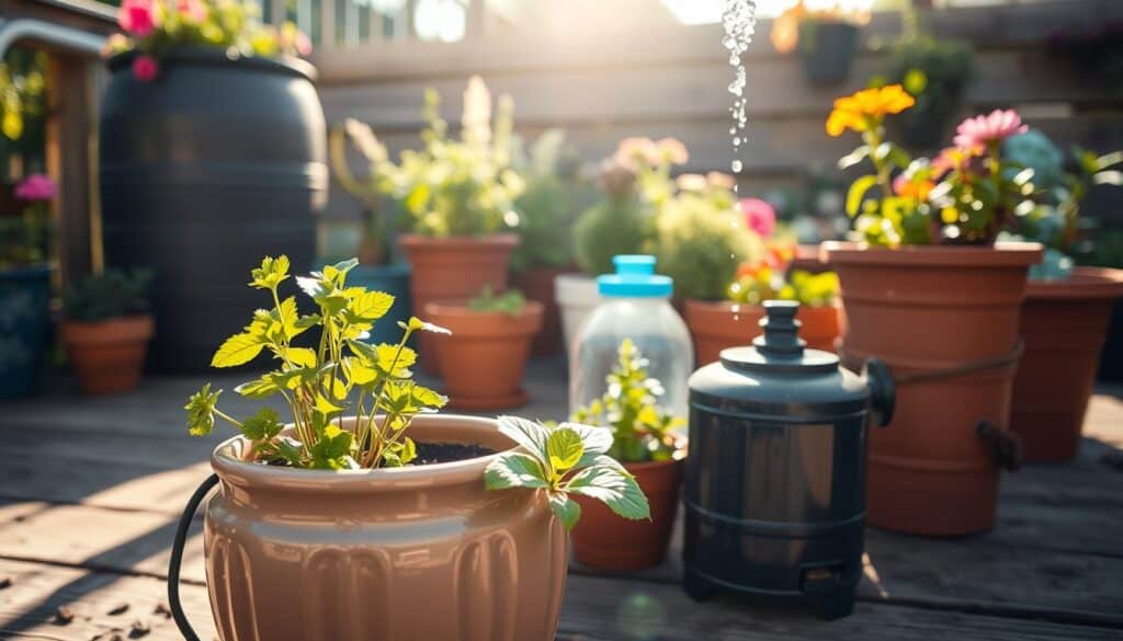 A serene container garden setting showcasing smart watering techniques. In the foreground, a stylish ceramic pot filled with vibrant herbs, a drip irrigation system visibly snaking through the soil. The middle ground features a small, eco-friendly rainwater collection barrel beside the pots, capturing sunlight, with droplets glistening. Potted plants in varying sizes, including colorful flowers and greenery, are arranged neatly. The background displays a wooden deck with subtle, rustic decor, bathed in soft sunlight, creating a warm, inviting atmosphere. The scene should evoke a sense of calm and resourcefulness, emphasizing sustainable gardening practices. Opt for a wide-angle view to capture the entire setting, with clear, natural lighting that enhances the textures and colors of the plants.