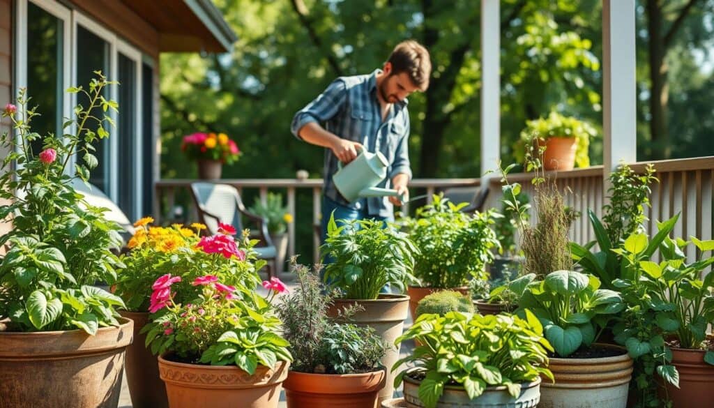 A serene deck garden scene showcasing container gardening for maintenance tips. In the foreground, a variety of well-tended potted plants, including vibrant herbs, colorful flowers, and lush vegetables in stylish, rustic pots. In the middle ground, a gardener dressed in modest casual clothing is gently watering the plants with a watering can while examining them closely, embodying a sense of care and attention. In the background, the deck offers a cozy, inviting atmosphere with soft sunlight filtering through nearby trees, casting dappled shadows. The overall mood is peaceful and nurturing, evoking the joy of gardening. The image captures the essence of long-term success in maintaining a thriving container garden, emphasizing bright natural light and an airy feel, with a focus on realistic home décor elements surrounding the plants. A serene deck garden scene showcasing container gardening for maintenance tips. In the foreground, a variety of well-tended potted plants, including vibrant herbs, colorful flowers, and lush vegetables in stylish, rustic pots. In the middle ground, a gardener dressed in modest casual clothing is gently watering the plants with a watering can while examining them closely, embodying a sense of care and attention. In the background, the deck offers a cozy, inviting atmosphere with soft sunlight filtering through nearby trees, casting dappled shadows. The overall mood is peaceful and nurturing, evoking the joy of gardening. The image captures the essence of long-term success in maintaining a thriving container garden, emphasizing bright natural light and an airy feel, with a focus on realistic home décor elements surrounding the plants.