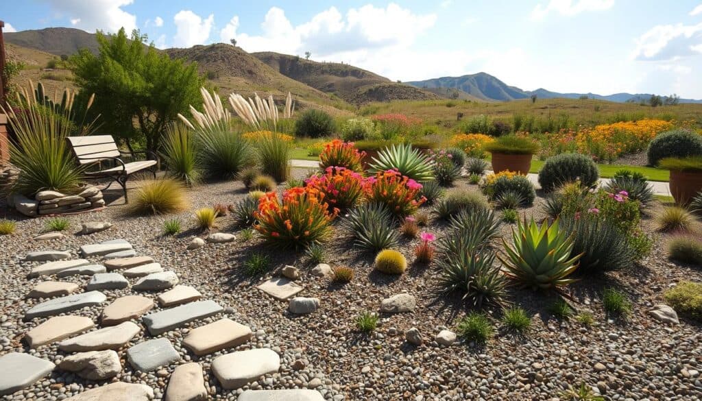 A serene drought-tolerant landscape in a residential garden, showcasing a variety of colorful succulents, ornamental grasses, and native flowering plants arranged in a harmonious layout. In the foreground, a gravel pathway lined with smooth river stones leads to a cozy seating area with eco-friendly wooden benches. The middle ground features clusters of vibrant lantana and agave, surrounded by decorative mulch that enhances water retention. In the background, sun-drenched hills with wildflowers create a picturesque backdrop. Capture soft sunlight filtering through light clouds, casting gentle shadows and highlighting the textures of the plants. The atmosphere is calm and inviting, promoting the idea of sustainability and charm in efficient gardening. Aim for a wide-angle perspective to encompass the entire scene. A serene drought-tolerant landscape in a residential garden, showcasing a variety of colorful succulents, ornamental grasses, and native flowering plants arranged in a harmonious layout. In the foreground, a gravel pathway lined with smooth river stones leads to a cozy seating area with eco-friendly wooden benches. The middle ground features clusters of vibrant lantana and agave, surrounded by decorative mulch that enhances water retention. In the background, sun-drenched hills with wildflowers create a picturesque backdrop. Capture soft sunlight filtering through light clouds, casting gentle shadows and highlighting the textures of the plants. The atmosphere is calm and inviting, promoting the idea of sustainability and charm in efficient gardening. Aim for a wide-angle perspective to encompass the entire scene.