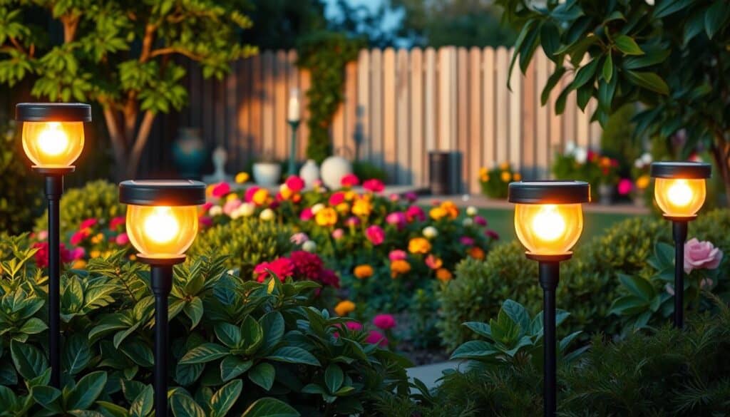 A serene garden at dusk featuring an array of elegant solar spotlights highlighting lush plants and flowers. In the foreground, several stylish solar spotlights with warm, glowing light cast gentle illumination on vibrant garden foliage. The middle ground showcases a variety of colorful flowers and shrubs, creating a natural backdrop. In the background, a modest, well-maintained wooden fence and a few decorative garden ornaments. The scene is bathed in soft, natural light, creating a calm, inviting atmosphere. An angle that captures the depth of the garden’s beauty, emphasizing the efficient placement of solar lights in shady areas. Soft shadows enhance the textures of the plants, promoting a cozy, enchanting evening vibe.