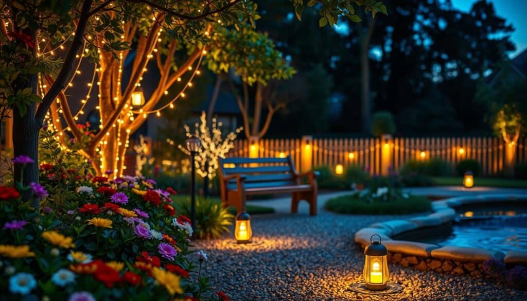 A serene garden at twilight, showcasing an arrangement of decorative solar landscape lights, including glowing string lights draped elegantly between trees and lantern-style lights lining a gravel path. In the foreground, vivid flowers and lush greenery frame the scene, illuminated softly by the warm yellow and amber hues of the solar lights. The middle ground features a wooden garden bench placed near a gently flowing water feature, casting reflections of the lights. In the background, the silhouette of a low fence and distant trees complete the tranquil ambiance. The lighting should emphasize a dreamy, inviting atmosphere, captured under a slightly blurred effect to enhance the serene, magical feel of the beautifully lit garden.