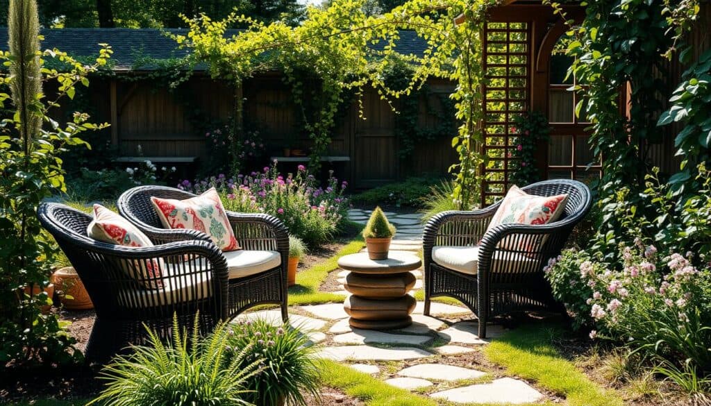 A serene garden corner featuring a cozy outdoor seating area, with two stylish rattan chairs adorned with colorful cushions, positioned around a rustic wooden side table. In the foreground, a small, decorative plant adds a touch of greenery. The middle ground showcases a lush flower bed filled with blooming perennials and a gently winding stone pathway leading to the seating area. In the background, a wooden trellis supports climbing vines, dappled sunlight filtering through the leaves, bathing the scene in warm, soft light. The atmosphere is tranquil and inviting, perfect for relaxation. Capture the image from a slightly elevated angle to encompass both the seating arrangement and the flourishing garden surroundings.