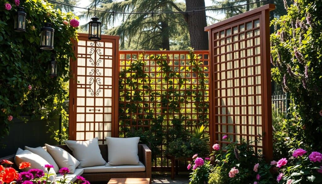 A serene garden corner featuring elegant privacy screens made from natural wood and lush climbing plants. In the foreground, a beautifully arranged seating area with cozy cushions invites relaxation, surrounded by colorful flowering plants and hanging lanterns. The middle layer showcases tall and intricately designed privacy screens, providing a sense of seclusion while still allowing glimpses of greenery. In the background, sunlight filters through tall trees, casting soft shadows and creating a peaceful ambiance. The scene is bathed in bright, natural light, enhancing the vibrant colors of the flowers and foliage. The overall atmosphere is tranquil and charming, perfect for a secret garden hideaway. The angle captures the inviting space from a slight elevation, emphasizing both the privacy solutions and the beauty of the garden.
