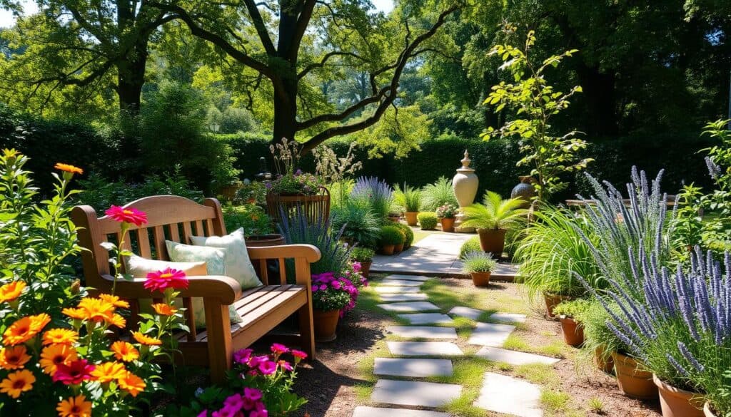 A serene garden corner transformed into a lush sanctuary filled with vibrant greenery and diverse plant life. In the foreground, a charming wooden bench with soft cushions, surrounded by blooming flowers in vivid colors—petunias, marigolds, and lavender—creates an inviting seating area. The middle ground features a variety of potted plants, including ferns and small shrubs, adding depth and texture, and a gentle stone pathway leads the eye through this natural haven. In the background, tall trees provide dappled sunlight filtering through their leaves, creating a calming effect. The mood is peaceful and inviting, capturing an idyllic outdoor escape bathed in bright natural light and soft sunlight, with the angle highlighting the beauty of this transformed garden corner.