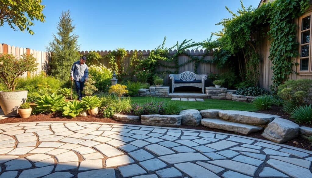 A serene garden design featuring an elegant hardscape adorned with affordable stone accents. In the foreground, intricately arranged gray and beige stones form a chic pathway, inviting warmth and sophistication. In the middle, a landscaped area showcases an array of lush green plants, flowering shrubs, and a decorative stone bench, creating a focal point for relaxation. The background reveals a quaint wooden fence, partially draped with climbing vines, under a clear blue sky that bathes the scene in soft, natural light. Capture this scene from a slightly elevated angle to emphasize the textures of the stones contrasted with the vibrant foliage. The overall mood is tranquil and inviting, perfect for a luxurious outdoor space on a budget. A serene garden design featuring an elegant hardscape adorned with affordable stone accents. In the foreground, intricately arranged gray and beige stones form a chic pathway, inviting warmth and sophistication. In the middle, a landscaped area showcases an array of lush green plants, flowering shrubs, and a decorative stone bench, creating a focal point for relaxation. The background reveals a quaint wooden fence, partially draped with climbing vines, under a clear blue sky that bathes the scene in soft, natural light. Capture this scene from a slightly elevated angle to emphasize the textures of the stones contrasted with the vibrant foliage. The overall mood is tranquil and inviting, perfect for a luxurious outdoor space on a budget.