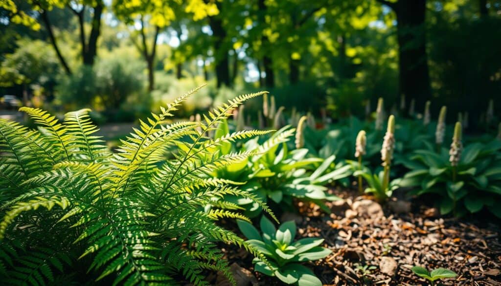 A serene garden filled with lush, shade-tolerant plants like ferns, hostas, and astilbes, their leaves sparkling in dappled sunlight filtering through the canopy above. In the foreground, a cluster of vibrant green ferns sways gently, interspersed with delicate white flowers. The middle ground features a variety of textured leaves and soft petals, surrounded by rich earth tones and organic mulch. In the background, hints of taller trees create a sense of depth, with their leaves softly illuminated by the golden light. The scene is captured with a soft focus lens, emphasizing the gentle, peaceful atmosphere of low-light gardening. Warm, soft sunlight enhances this tranquil setting, inviting a sense of calm and relaxation. A serene garden filled with lush, shade-tolerant plants like ferns, hostas, and astilbes, their leaves sparkling in dappled sunlight filtering through the canopy above. In the foreground, a cluster of vibrant green ferns sways gently, interspersed with delicate white flowers. The middle ground features a variety of textured leaves and soft petals, surrounded by rich earth tones and organic mulch. In the background, hints of taller trees create a sense of depth, with their leaves softly illuminated by the golden light. The scene is captured with a soft focus lens, emphasizing the gentle, peaceful atmosphere of low-light gardening. Warm, soft sunlight enhances this tranquil setting, inviting a sense of calm and relaxation.