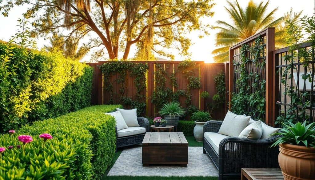 A serene garden landscape designed for privacy, featuring natural elements such as tall hedges, vibrant flowering plants, and elegant wooden screens. In the foreground, include a cozy outdoor seating area with comfortable cushions and a rustic coffee table, inviting relaxation. In the middle ground, showcase strategically placed vertical gardens and climbing plants that create visual barriers while enhancing aesthetics. The background reveals a softly lit sky during golden hour, filtering through gently swaying branches to create dappled sunlight across the scene. The atmosphere is tranquil and inviting, ideal for an outdoor living room feel. Use a wide-angle perspective to capture the dimensions of the space, ensuring bright, natural light highlights the lush greenery and inviting décor. No people present in the image. A serene garden landscape designed for privacy, featuring natural elements such as tall hedges, vibrant flowering plants, and elegant wooden screens. In the foreground, include a cozy outdoor seating area with comfortable cushions and a rustic coffee table, inviting relaxation. In the middle ground, showcase strategically placed vertical gardens and climbing plants that create visual barriers while enhancing aesthetics. The background reveals a softly lit sky during golden hour, filtering through gently swaying branches to create dappled sunlight across the scene. The atmosphere is tranquil and inviting, ideal for an outdoor living room feel. Use a wide-angle perspective to capture the dimensions of the space, ensuring bright, natural light highlights the lush greenery and inviting décor. No people present in the image.