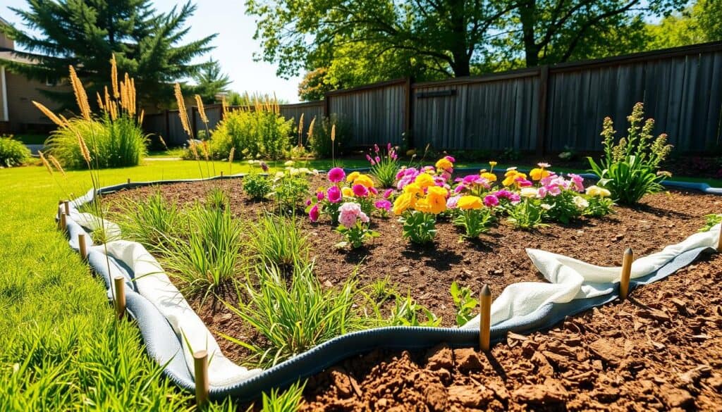 A serene garden landscape featuring a well-manicured flower bed bordered by heavy-duty landscape edging. In the foreground, lush green grass contrasts with neatly laid landscape fabric, which is expertly anchored by durable stakes. The middle ground showcases vibrant flowers in bloom, their colors popping against the rich brown soil. A sunny sky overhead filters soft sunlight, creating warm highlights across the scene. The background includes a rustic wooden fence and shade trees that enhance the garden's tranquility. The composition captures an inviting, organized outdoor space, focusing on effective grass barriers. The image is bright, airy, and well-lit, conveying a sense of practical beauty in garden design, with attention to detail in the edging and fabric. A serene garden landscape featuring a well-manicured flower bed bordered by heavy-duty landscape edging. In the foreground, lush green grass contrasts with neatly laid landscape fabric, which is expertly anchored by durable stakes. The middle ground showcases vibrant flowers in bloom, their colors popping against the rich brown soil. A sunny sky overhead filters soft sunlight, creating warm highlights across the scene. The background includes a rustic wooden fence and shade trees that enhance the garden's tranquility. The composition captures an inviting, organized outdoor space, focusing on effective grass barriers. The image is bright, airy, and well-lit, conveying a sense of practical beauty in garden design, with attention to detail in the edging and fabric.