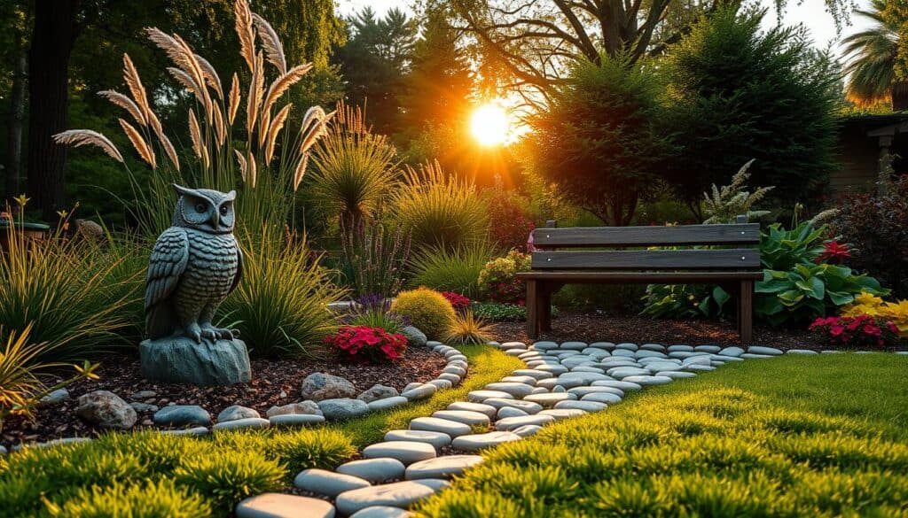 A serene garden landscape featuring strategic placement of artistic elements, including a beautifully crafted stone statue of a wise old owl nestled among lush greenery and colorful flower beds. In the foreground, carefully arranged pebbles lead to a rustic wooden bench, inviting a sense of tranquility. In the middle ground, tall grasses sway gently, while ornamental shrubs add depth without cluttering the view. The background showcases a softly illuminated sun setting, casting warm light over vibrant foliage and creating a harmonious atmosphere. The scene is captured with a wide-angle lens, emphasizing openness and balance, under bright natural sunlight streaming through the trees, enhancing the beauty of the thoughtful design.