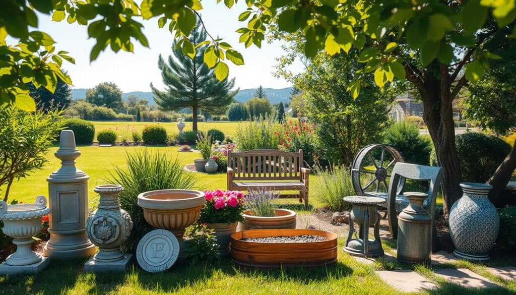 A serene garden landscape showcasing a variety of durable garden decor elements suitable for outdoor spaces. In the foreground, display a selection of weather-resistant materials such as stone sculptures, wooden planters, and rust-resistant metal accents. The middle ground features lush greenery, vibrant flowers, and a charming wooden bench, harmonizing with the decor choices. In the background, a glimpse of a well-maintained lawn and a clear blue sky create an inviting atmosphere. Soft sunlight filters through the leaves, casting gentle shadows on the ground, enhancing the natural beauty of the scene. Capture this composition at eye level with a wide angle, emphasizing the harmonious blend of materials and nature, evoking a sense of tranquility and inspiration in garden design. A serene garden landscape showcasing a variety of durable garden decor elements suitable for outdoor spaces. In the foreground, display a selection of weather-resistant materials such as stone sculptures, wooden planters, and rust-resistant metal accents. The middle ground features lush greenery, vibrant flowers, and a charming wooden bench, harmonizing with the decor choices. In the background, a glimpse of a well-maintained lawn and a clear blue sky create an inviting atmosphere. Soft sunlight filters through the leaves, casting gentle shadows on the ground, enhancing the natural beauty of the scene. Capture this composition at eye level with a wide angle, emphasizing the harmonious blend of materials and nature, evoking a sense of tranquility and inspiration in garden design.