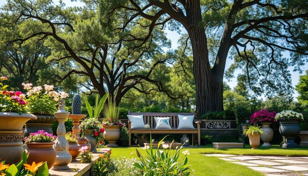 A serene garden landscape showcasing an array of decorative accents that harmonize with nature. In the foreground, include a variety of beautifully designed planters and garden sculptures, elegantly placed among blooming flowers and lush greenery. The middle ground features a charming wooden bench adorned with soft cushions, inviting the viewer to relax and enjoy the scenery. In the background, towering trees provide a natural backdrop under a clear blue sky, dappled with soft sunlight filtering through the leaves. Capture the scene with a wide-angle lens for a spacious feel, emphasizing balance in scale and proportion among the decor elements. The atmosphere should feel tranquil and inviting, reflecting a perfect blend of style and comfort in a well-designed outdoor space. A serene garden landscape showcasing an array of decorative accents that harmonize with nature. In the foreground, include a variety of beautifully designed planters and garden sculptures, elegantly placed among blooming flowers and lush greenery. The middle ground features a charming wooden bench adorned with soft cushions, inviting the viewer to relax and enjoy the scenery. In the background, towering trees provide a natural backdrop under a clear blue sky, dappled with soft sunlight filtering through the leaves. Capture the scene with a wide-angle lens for a spacious feel, emphasizing balance in scale and proportion among the decor elements. The atmosphere should feel tranquil and inviting, reflecting a perfect blend of style and comfort in a well-designed outdoor space.