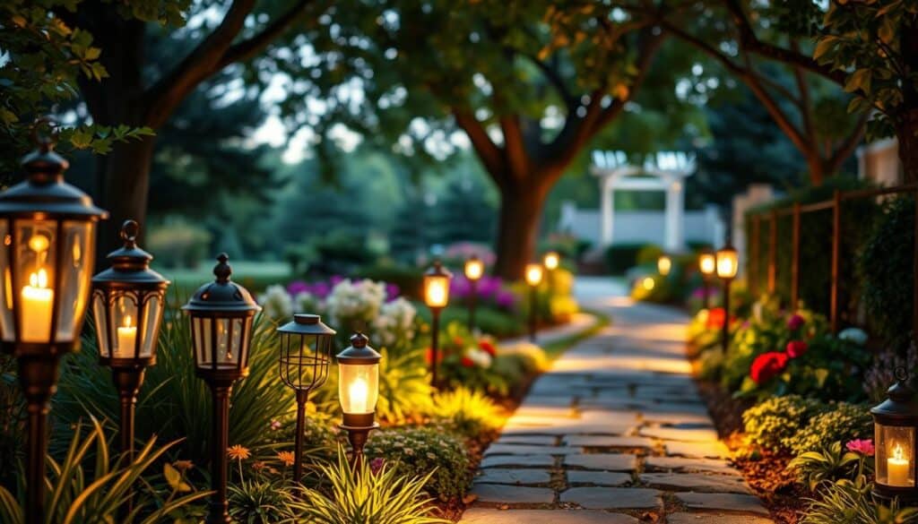 A serene garden path illuminated by DIY garden path lighting, featuring charming lanterns and solar lights. In the foreground, various styles of lit garden fixtures, including glass and metal designs, casting a warm, inviting glow. The middle ground shows a neatly paved stone path with lush greenery and colorful flowers lining its edges. In the background, a well-maintained garden with a soft-focus effect, where trees gently sway in the breeze under soft sunlight. The scene captures a tranquil evening atmosphere, evoking relaxation and the beauty of home improvement efforts. The overall lighting is bright and airy, showcasing the creativity and warmth of DIY projects in outdoor spaces.