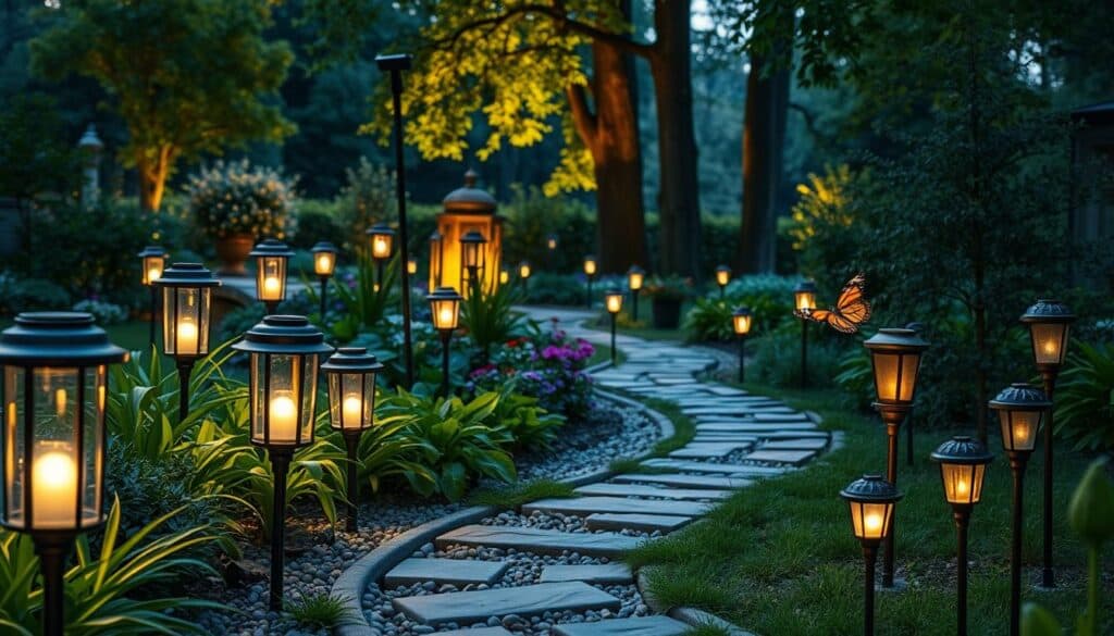 A serene garden path illuminated by an array of stylish solar garden lights, each one glowing softly with a warm, inviting light. In the foreground, a close-up view showcases several different designs of solar lights, including sleek modern lanterns and charming rustic stake lights, placed along a winding path made of stone and pebbles. The middle section features lush greenery, colorful flowers, and a gently swaying butterfly, contributing to the vibrant garden atmosphere. In the background, tall trees gently frame the scene, their leaves illuminated by soft sunlight filtering through. The overall mood is peaceful and enchanting, evoking a sense of effortless outdoor beauty, perfect for garden paths at dusk. The image is taken from a slightly elevated angle to capture depth and detail, emphasizing the harmonious blend of natural elements and lighting.