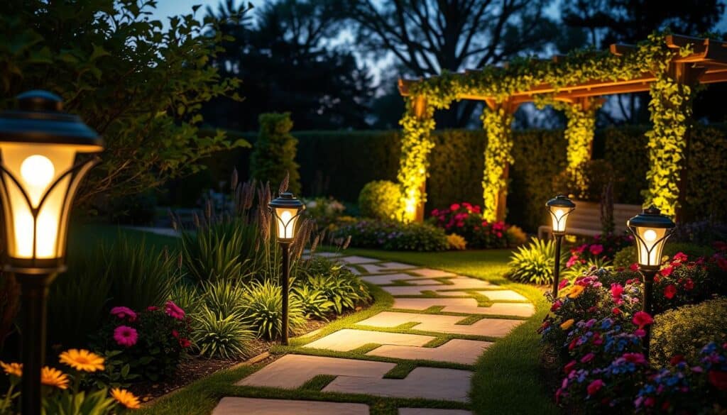 A serene garden path illuminated by low voltage landscape lighting, nestled amidst lush greenery and vibrant flowers. In the foreground, elegant solar-powered path lights enhance the garden's aesthetic, casting a warm, inviting glow. The middle ground features a beautifully arranged pathway made of natural stone, surrounded by well-maintained flower beds. The background reveals a softly lit trellis covered in climbing vines and gentle trees swaying in a light breeze under a clear evening sky. The image captures a tranquil ambiance, emphasizing safety and maintenance best practices in outdoor lighting. The scene is bathed in soft sunlight, showcasing the importance of light placement for visibility without overwhelming the landscape. The composition is crisp and clear, shot from a slightly elevated angle to encapsulate the entire pathway and its landscaping.