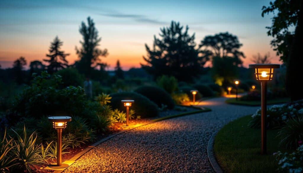 A serene garden pathway illuminated by elegant solar pathway lights, strategically placed along a winding gravel walk. In the foreground, several sleek, modern solar lights with warm, inviting glows highlight the edges of the path, casting gentle pools of light on the surrounding greenery. The middle ground features lush, well-manicured plants and flowers, softly lit by the ambient glow of the lights. In the background, a tranquil evening sky with soft pastel hues signals dusk, surrounded by silhouettes of trees. The scene is bathed in soft sunlight, creating an inviting and peaceful atmosphere, making the garden come alive after dark. The composition is shot from a low angle to emphasize the pathway and create depth, capturing the beauty and functionality of solar lighting in outdoor spaces.