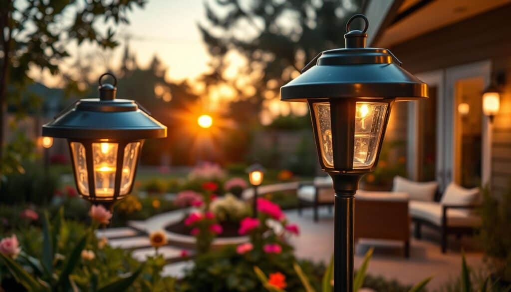 A serene garden patio at dusk, featuring durable and weatherproof solar lights gracefully illuminating the area. In the foreground, a close-up of elegant solar fixtures with strong, sleek designs, showcasing their glossy surfaces and sturdy materials. The middle ground displays a beautifully landscaped garden with vibrant flowers and lush greenery, subtly reflecting the warm glow of the lights. In the background, a cozy seating area is lightly silhouetted against the soft colors of the sunset. The overall atmosphere is inviting and tranquil, with soft sunlight casting gentle shadows. Shot with a warm color palette, emphasizing the shine of the fixtures against the natural beauty of the garden. The angle reveals the lights' detailed craftsmanship while framing the enchanting garden scene.