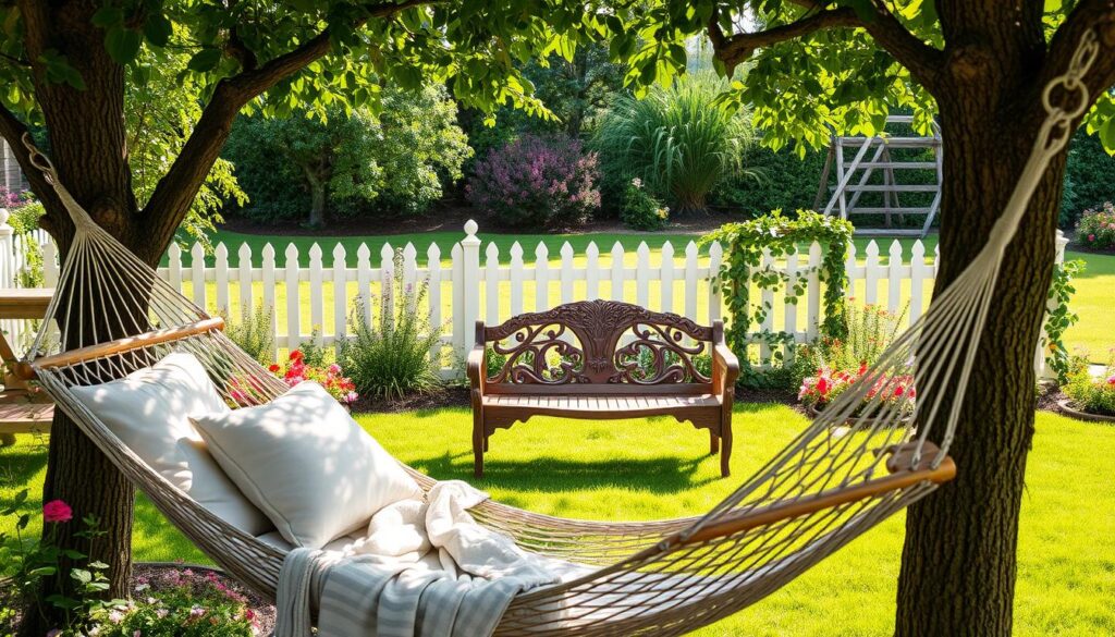 A serene garden relaxation space featuring a cozy reading nook. In the foreground, a comfortable hammock adorned with soft pillows and a light throw blanket, nestled between two flourishing trees. In the middle, a rustic wooden bench with intricate carvings, flanked by vibrant flower beds bursting with colors. The background showcases a lush green lawn dappled with sunlight, a white picket fence partially hidden by climbing vines, and a gentle breeze rustling the leaves. The scene is bathed in soft, natural light, creating an inviting atmosphere. Capture this cozy sanctuary from a slightly elevated angle to emphasize the tranquility and inviting feel, perfect for a peaceful afternoon of reading or relaxation.